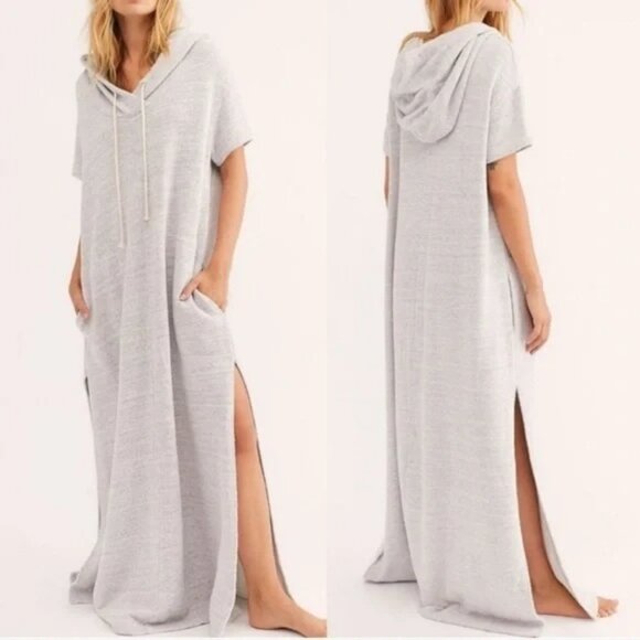 Free People Beach Ocean Avenue Maxi Dress Short Sleeve Hooded Split Side - Picture 3 of 15